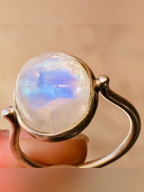 Sterling Silver Rainbow Moonstone Ring with Blue Flash Handmade Minimalist Style